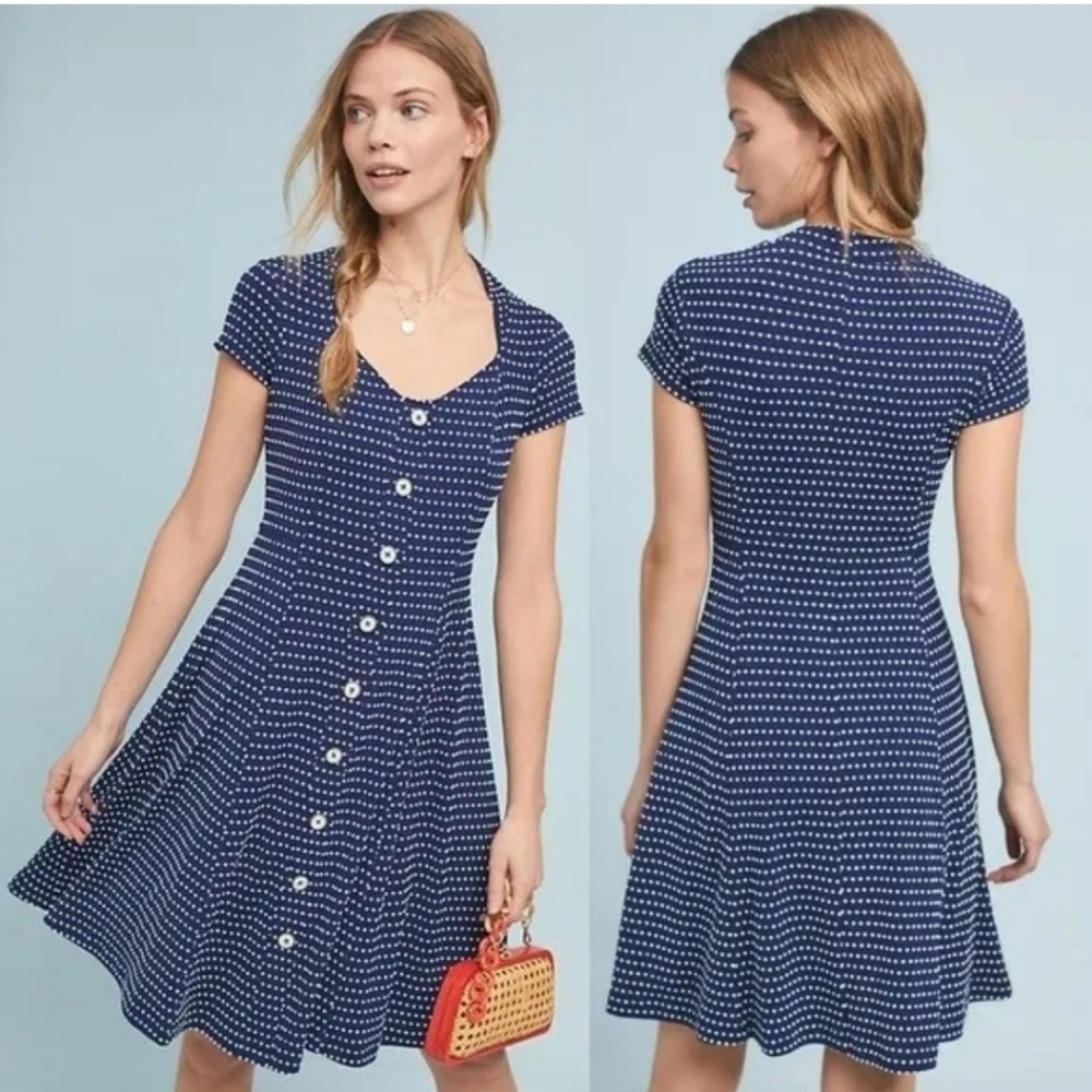 Maeve Marilyn Button Front Polka Dot Stretchy Pullover Dress Medium Blue White